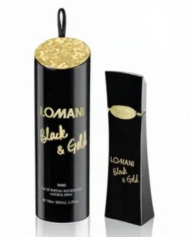 Lomani Black & Gold perfume bottle and packaging on a white background