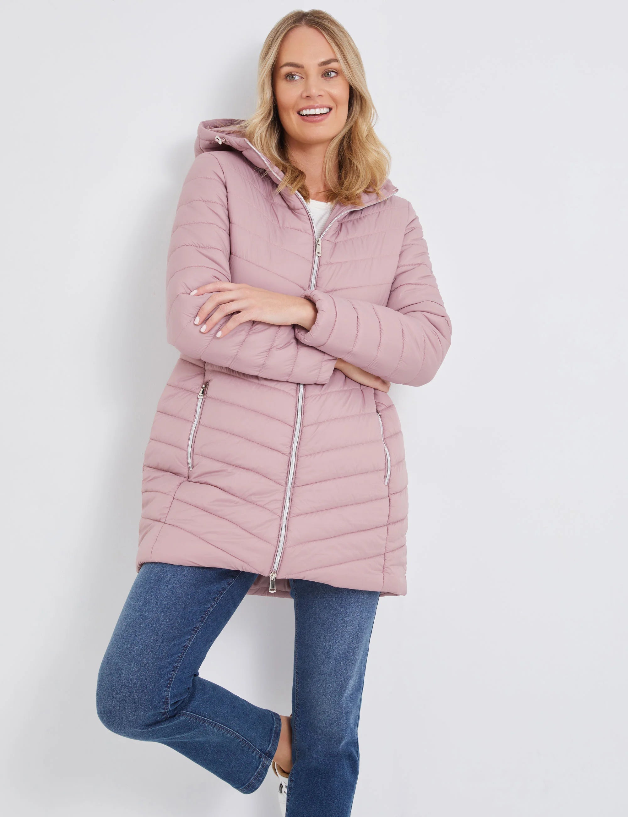 Mystyle Longline Padded Hooded Jacket Light Pink