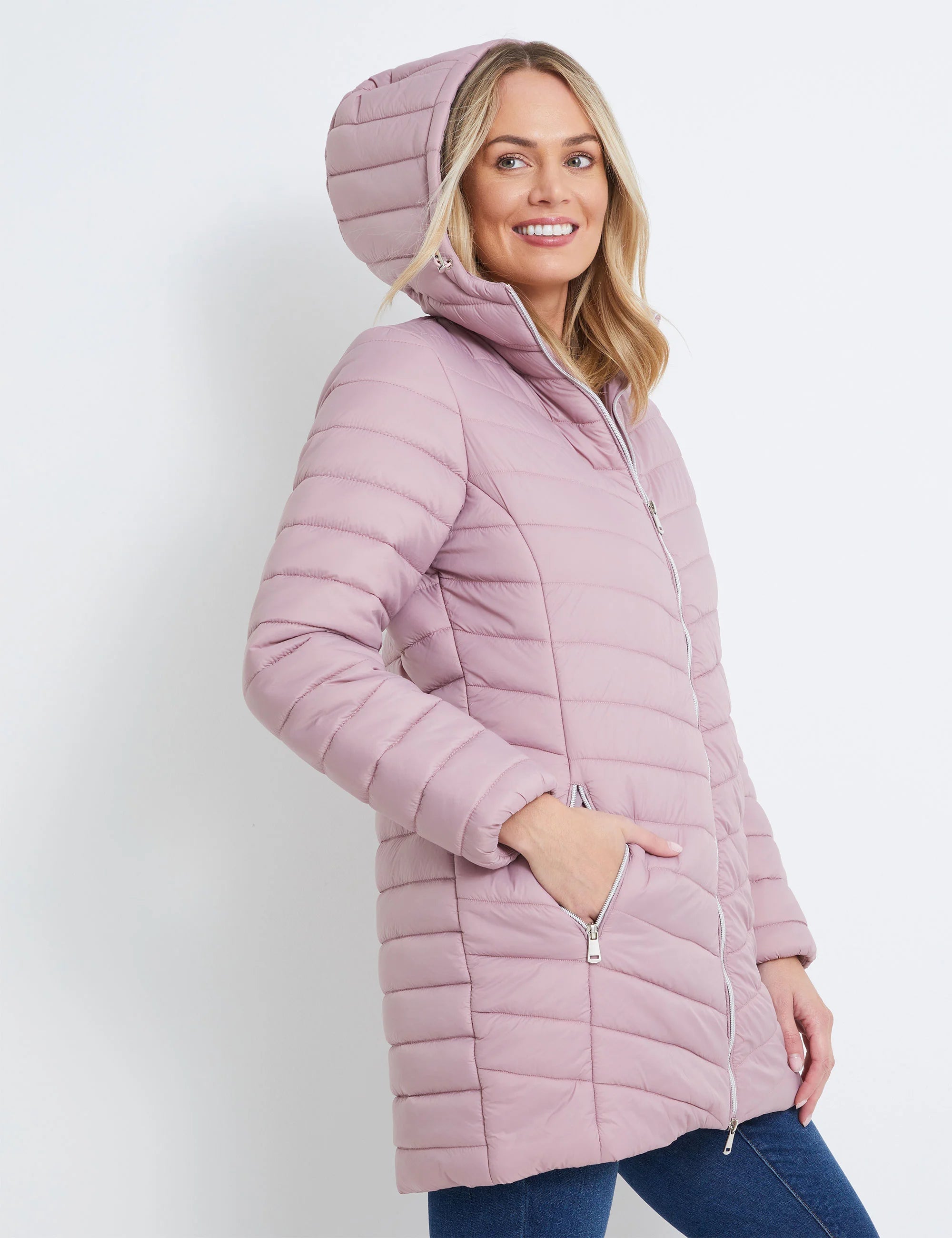 Mystyle Longline Padded Hooded Jacket Light Pink