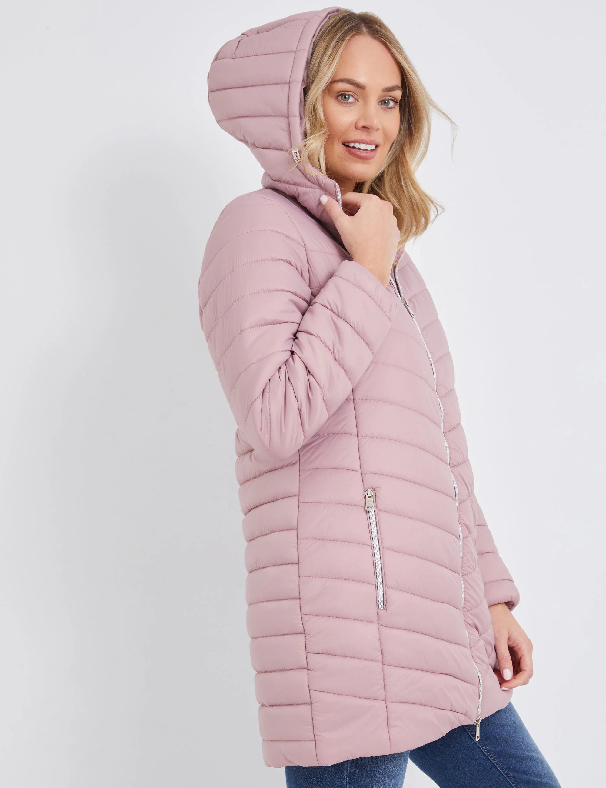 Mystyle Longline Padded Hooded Jacket Light Pink