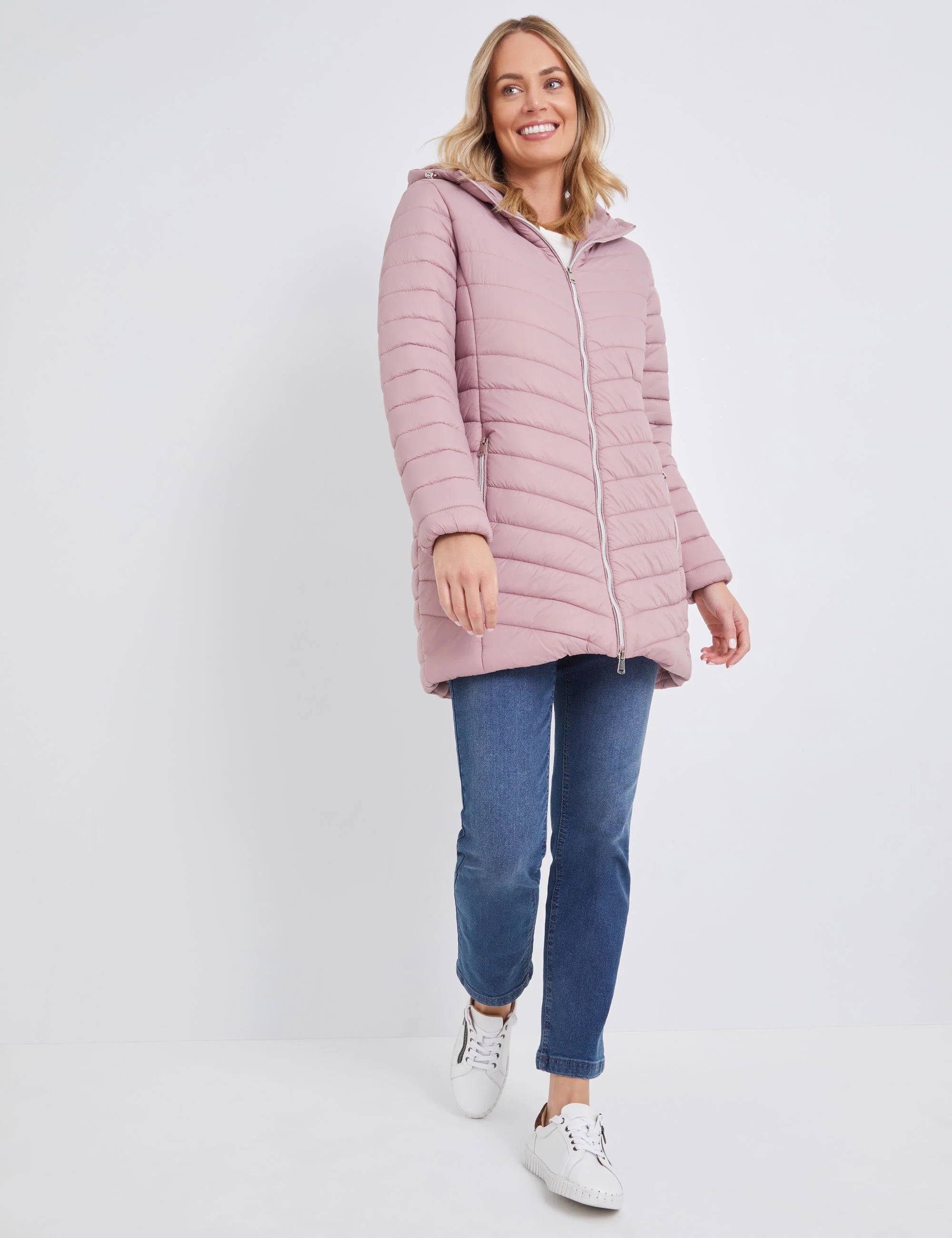 Mystyle Longline Padded Hooded Jacket Light Pink