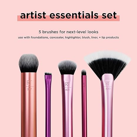 Real Techniques Artist Essentials Makeup Brush Set, For Foundation, Blush, Highlighter, Eyeshadow, & Liner, Professional Makeup Tools, Synthetic Bristles, Vegan & Cruelty-Free, 5 Piece Set