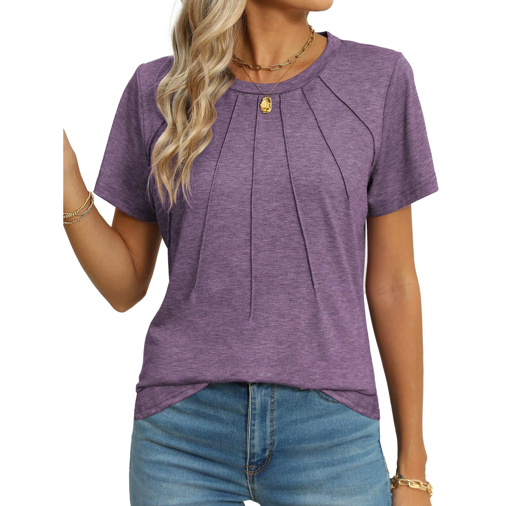 SIZE: M - Rosvigor Blouses for Women Short Sleeve Shirts Casual Dressy Summer Tops with Pleats