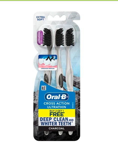 Oral-B Cross Action Ultra Thin Charcoal Toothbrush, 3-Pack (Assorted colors, cannot be selected)