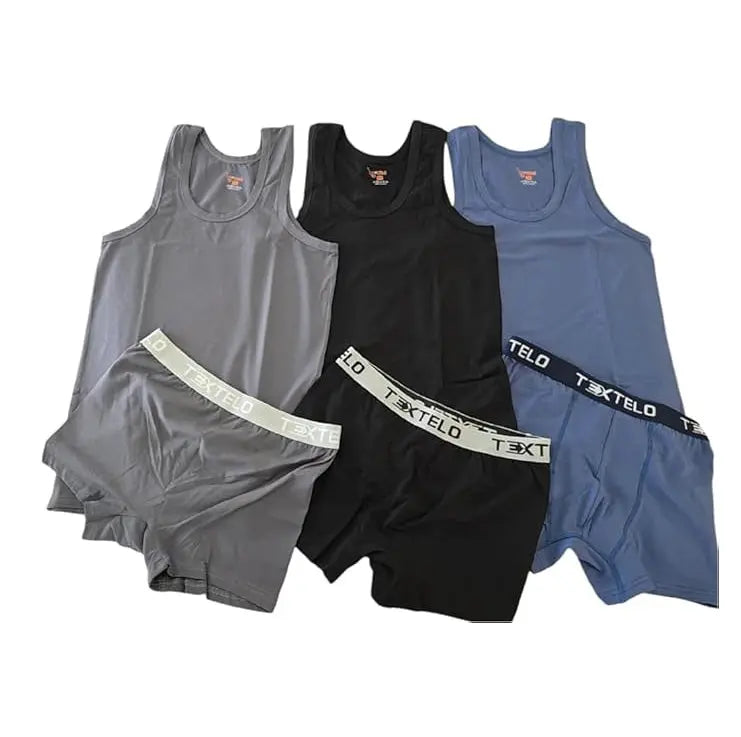 Textelo 3-piece men's cotton underwear set – t-shirt and trunk boxers in blue, black, gray