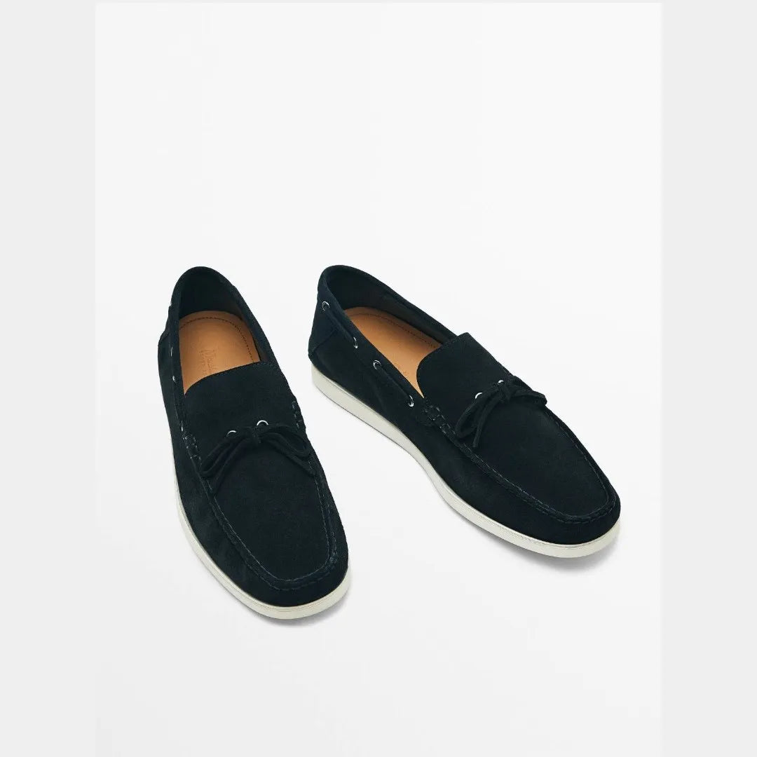 Massimo Dutti Black 2370/150 Split Suede Deck Shoes with Lace