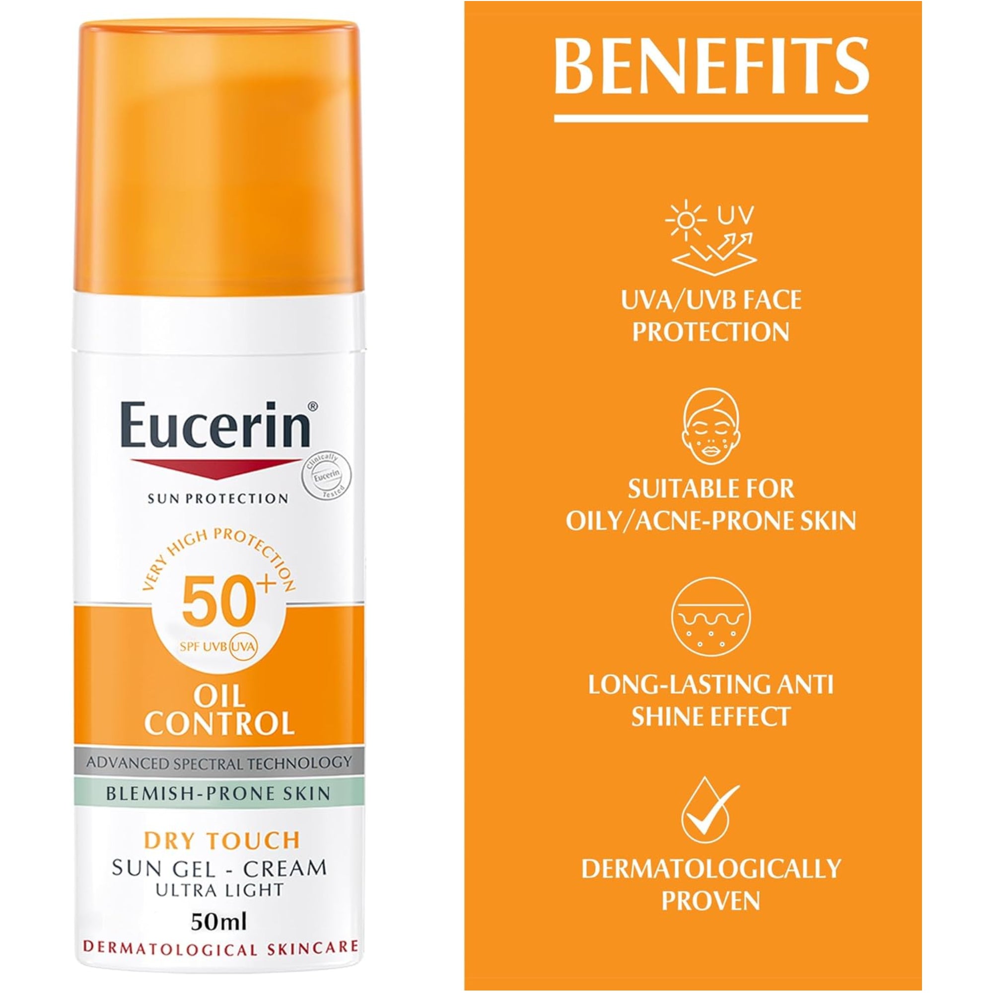 Eucerin Face Sunscreen Oil Control Gel-Cream Dry Touch, High UVA/UVB Protection, SPF 50+, Light Texture