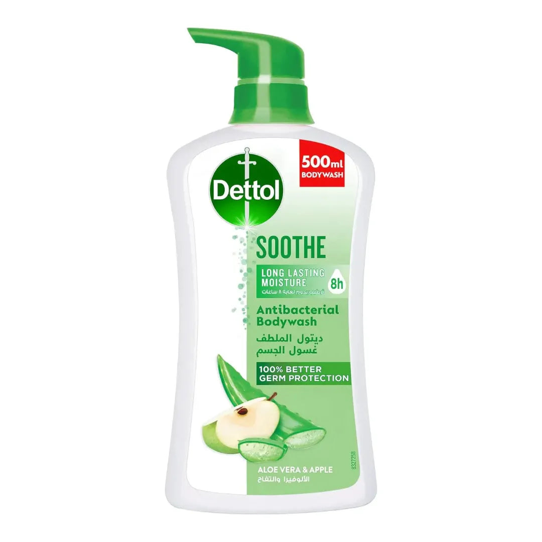 Dettol Soothe Anti-Bacterial Body Wash bottle (500ml) for gentle cleansing and long-lasting protection.