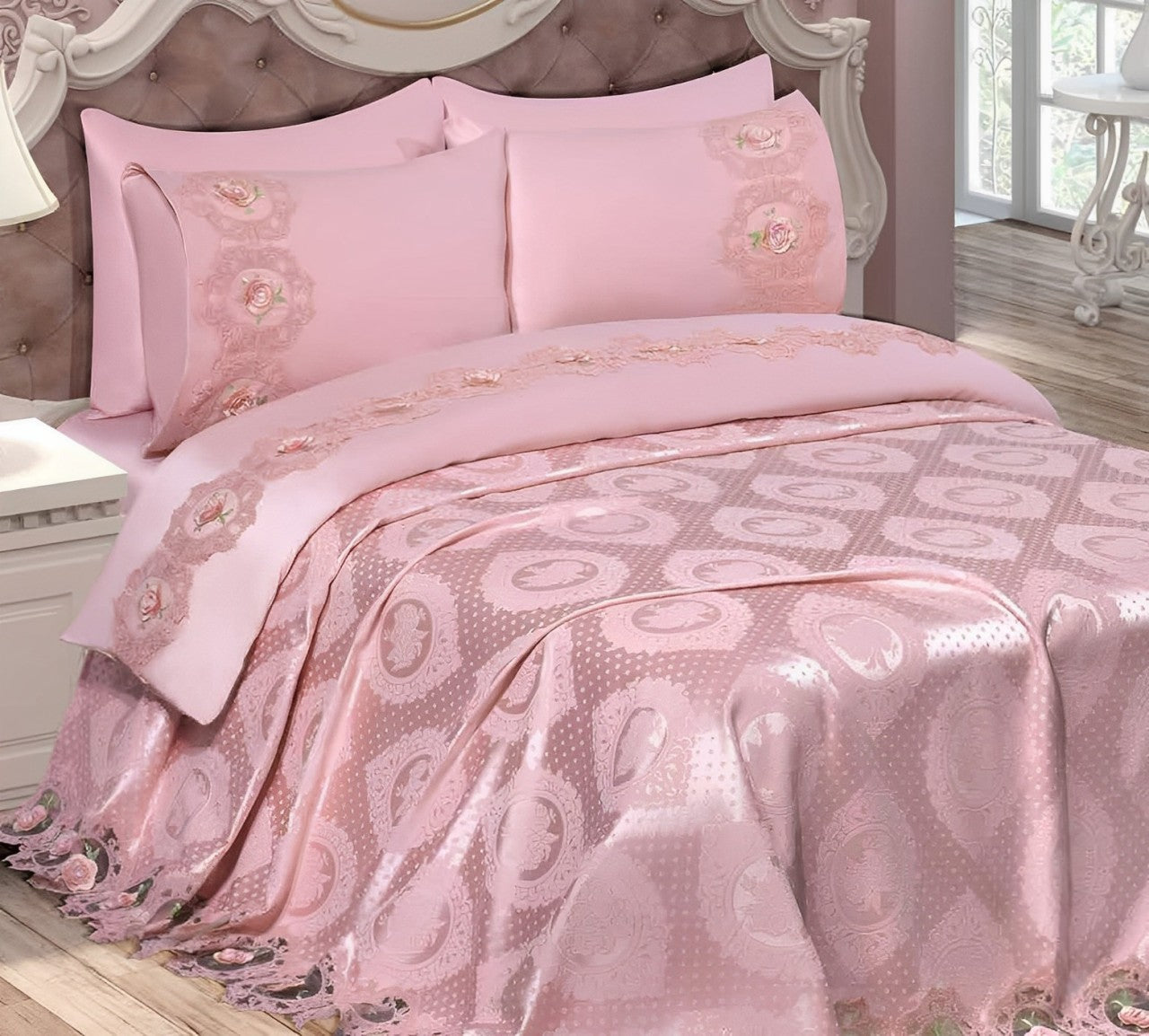 Golden Night Rose Gold Luxury Bedding Set - Complete 7-Piece Collection with Pique, Linens, and Lace Pillows