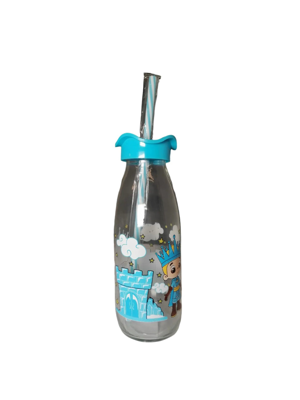 Kids' Glass Drinking Bottle with Straw - Blue Prince Castle Design