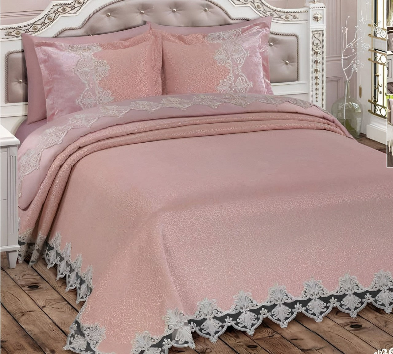 Golden Night Rose Pink Luxury Bedding Set - Complete 7-Piece Set with Lace Pillowcases and Pique Blanket