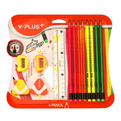 Y-PLUS Pencil Neon Star Set (Pack of 13 Pieces) 2 Eraser,2 Sharpener,8 Pencils,1 Ruler