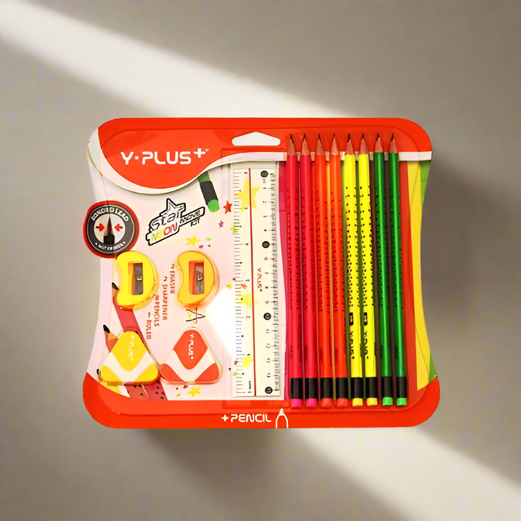 Y-PLUS Pencil Neon Star Set (Pack of 13 Pieces) 2 Eraser,2 Sharpener,8 Pencils,1 Ruler