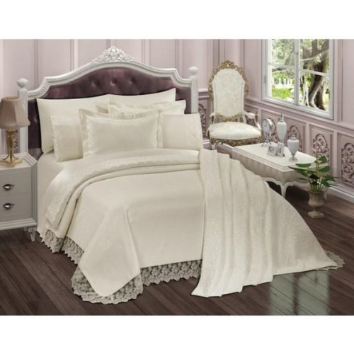 Golden Night Cream Luxury Bedding Set - Complete 7-Piece Bed Linen Collection with Pique, Sheet, and Lace Pillowcases