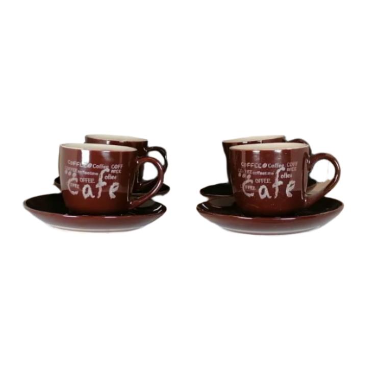 Set of 6 Brown Ceramic Coffee Cups With Matching Saucers-Cafe Themed Design