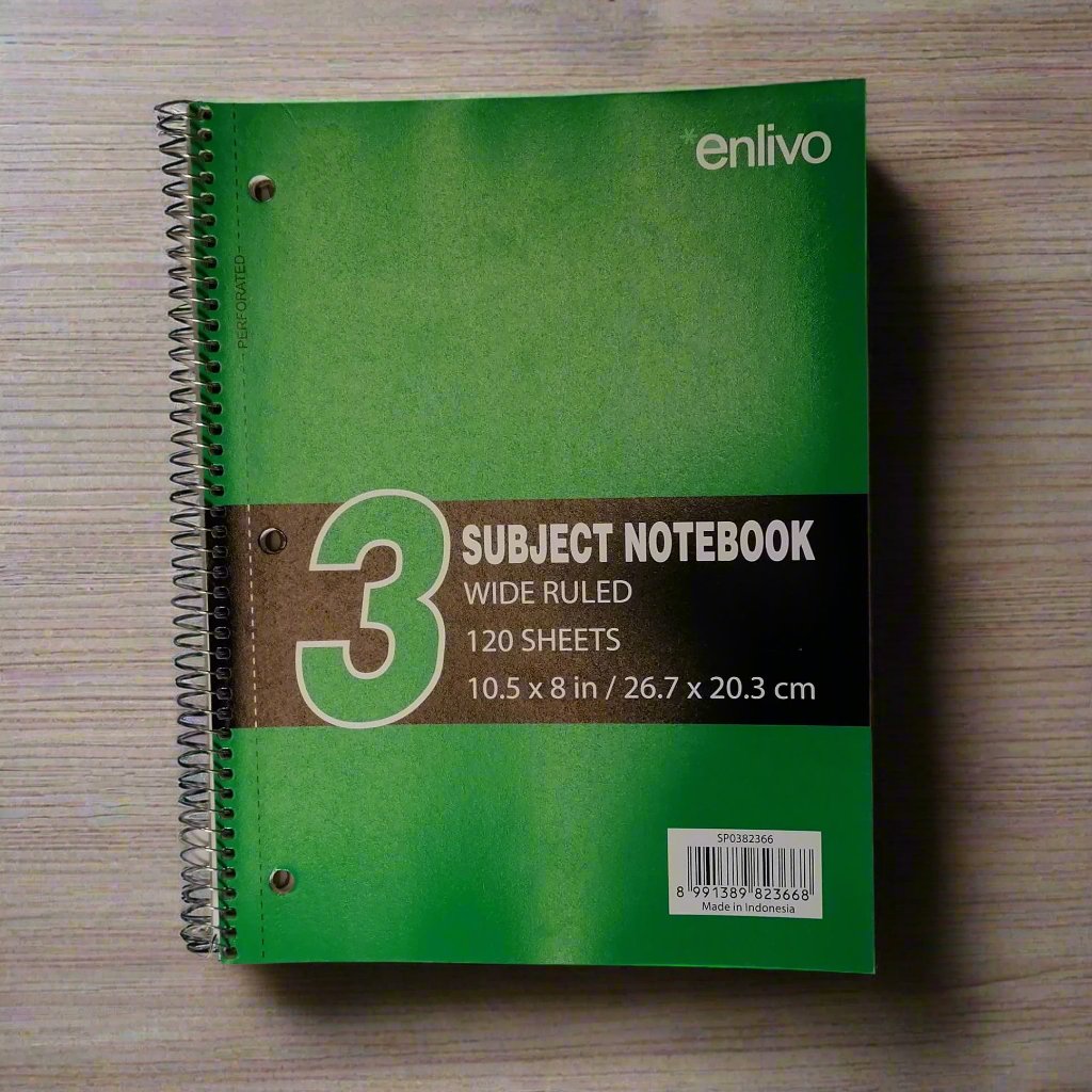 Enlivo 3 Subject Notebook Wide Ruled 120 Sheets 10.5x8in