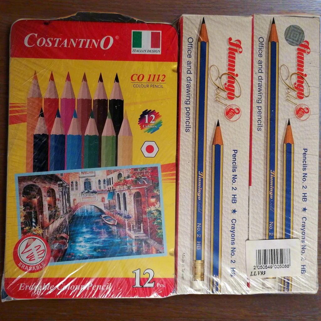 Flamingo Drawing Set With 24 HB Pencils, 12 Color Pencils, And 24 Color Erasable Crayons