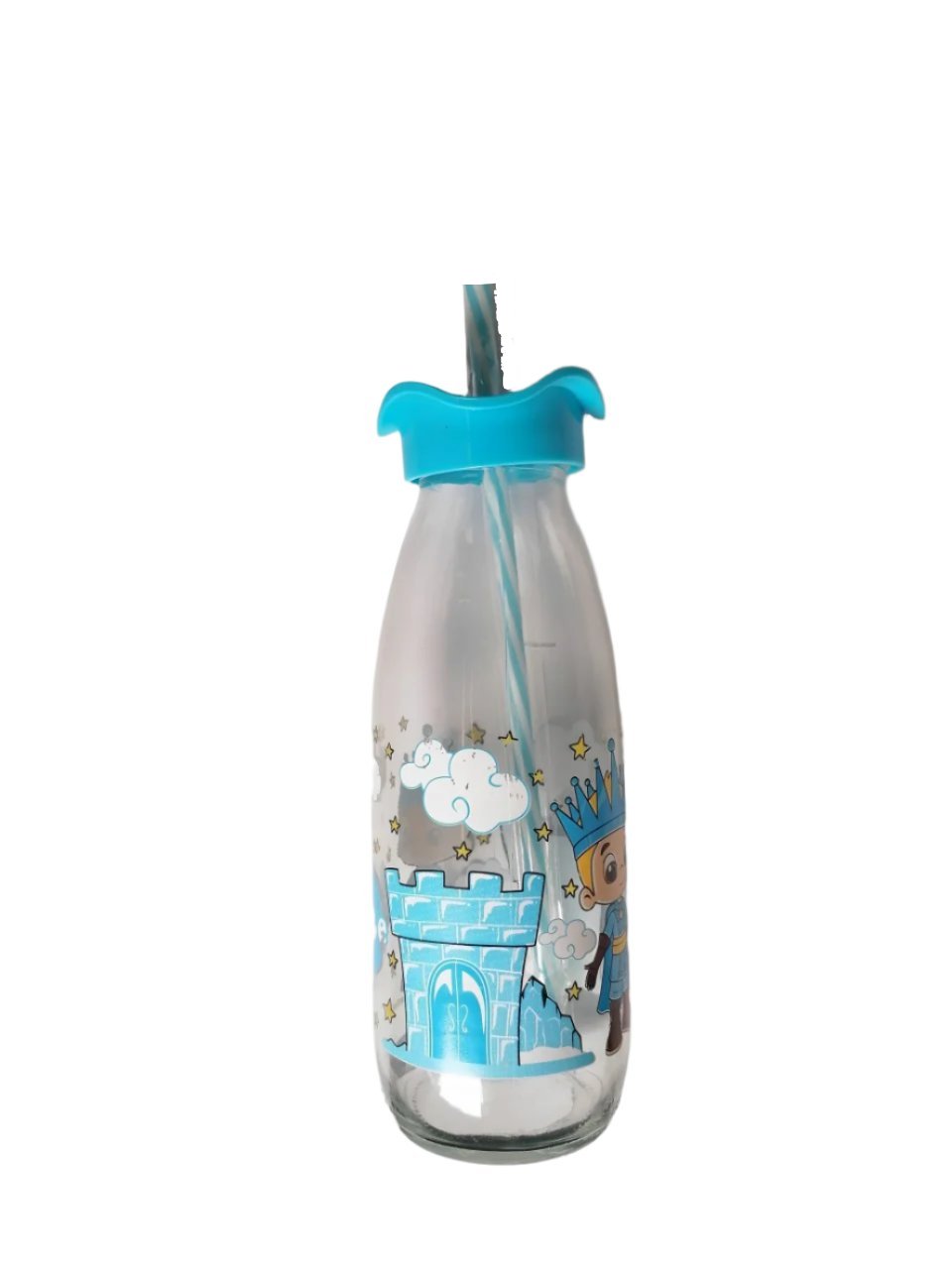 Kids' Glass Drinking Bottle with Straw - Blue Prince Castle Design