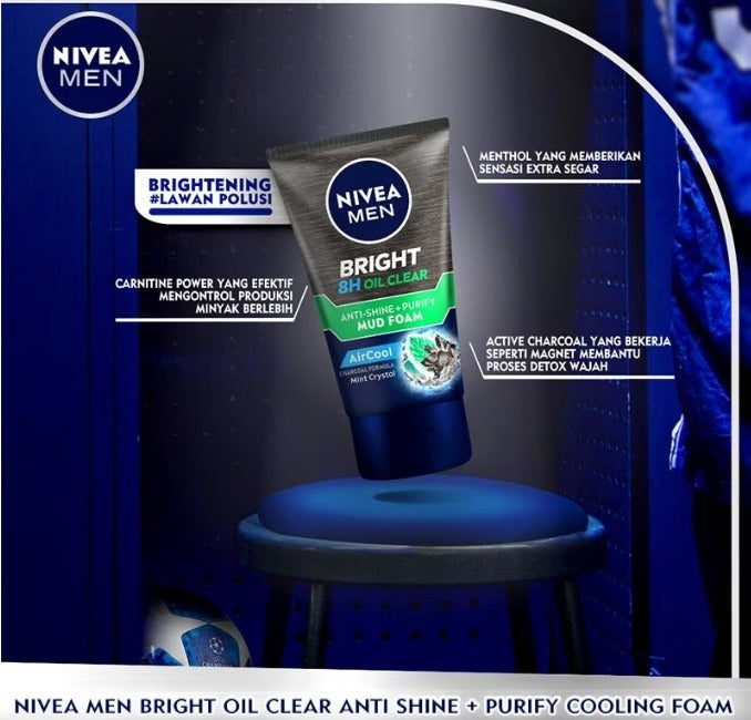 NIVEA Nivea MEN Bright 8H Oil Clear Anti-Shine + Purify Mud Foam 100mL