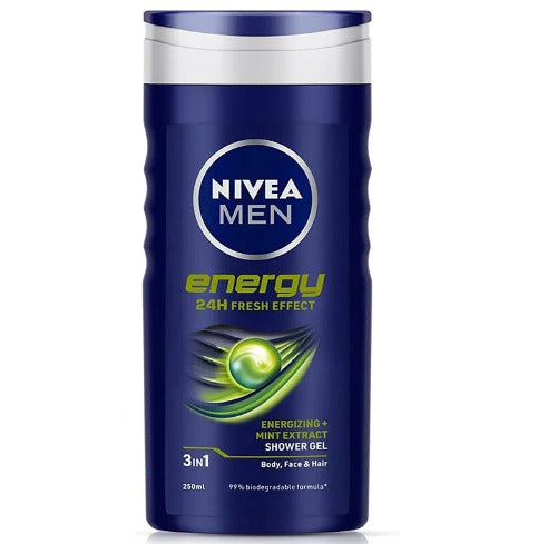 NIVEA MEN Hair, Face & Body Wash, Energy Shower Gel, 250ml
