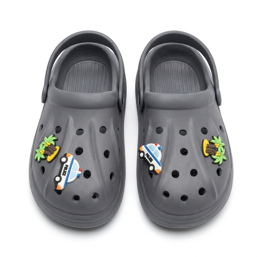 Clogs Kids' Classic Dark Grey with Police Car & Palm Tree Charms.