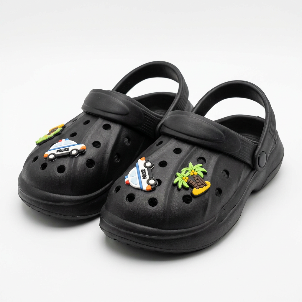 Clogs Kids' Classic Blak  with Police Car & Palm Tree Charms.