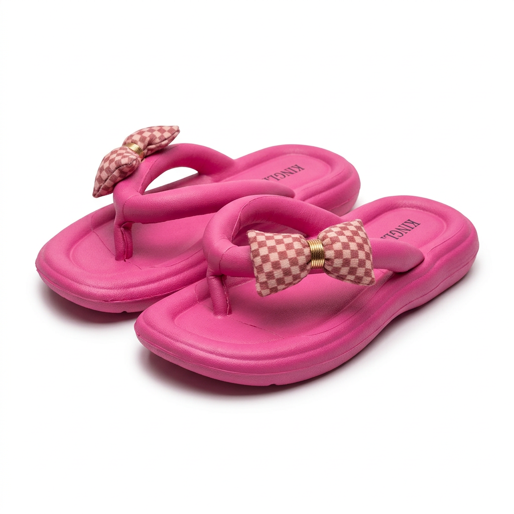KINGLINE Fuchsia Pink Platform Flip-Flops with Plaid Bow for Women
