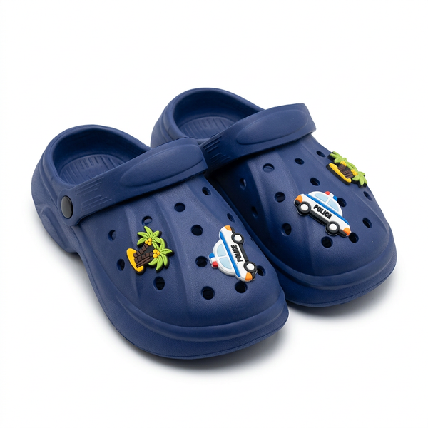 Clogs Kids' Classic Blue purple  with Police Car & Palm Tree Charms.