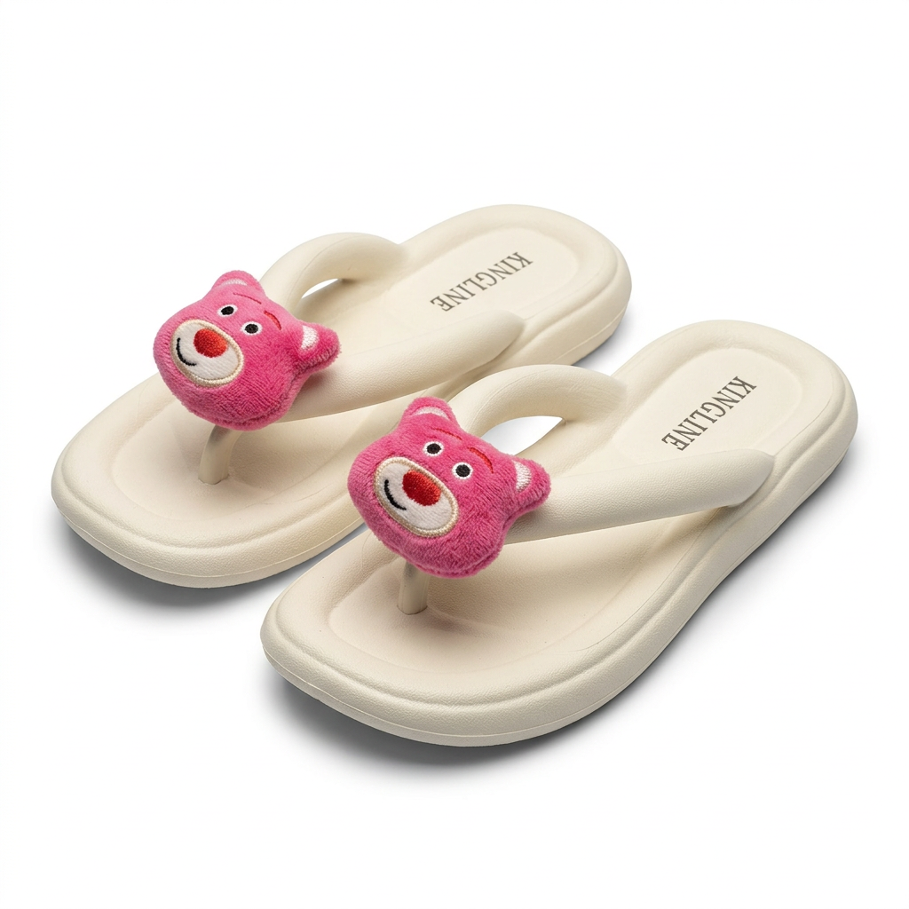 KINGLINE Off-White Lotso Bear Flip-Flops for Women