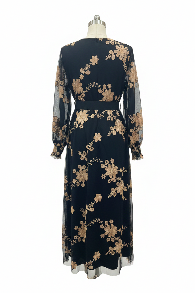 Back View - Black Gold Embroidery Dress