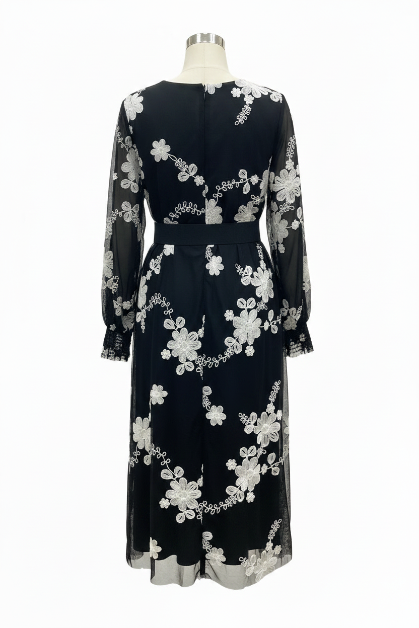Black Floral Embroidery Dress - Back