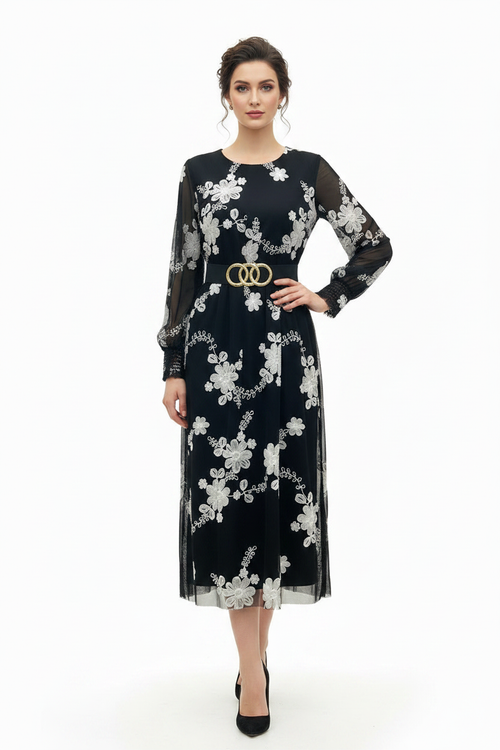 Black Floral Embroidery Dress - Model