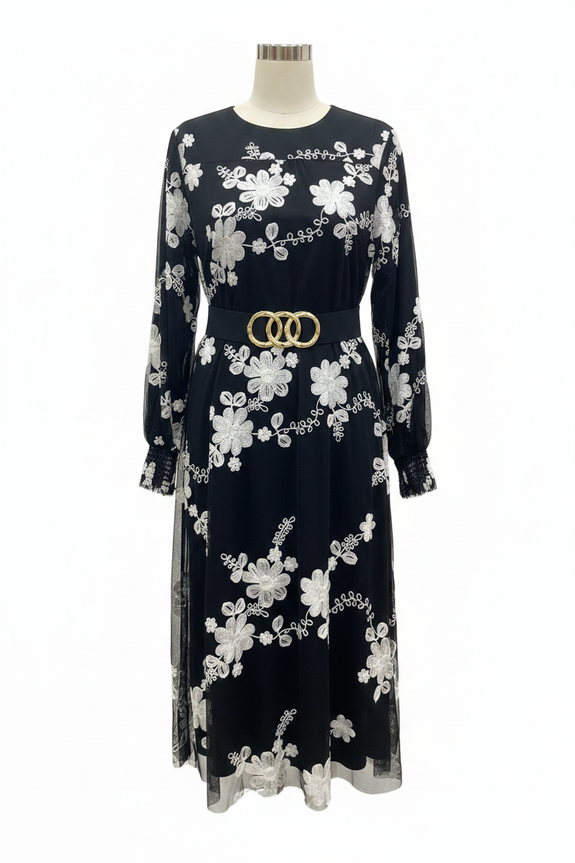 Black Floral Embroidery Dress - View 1