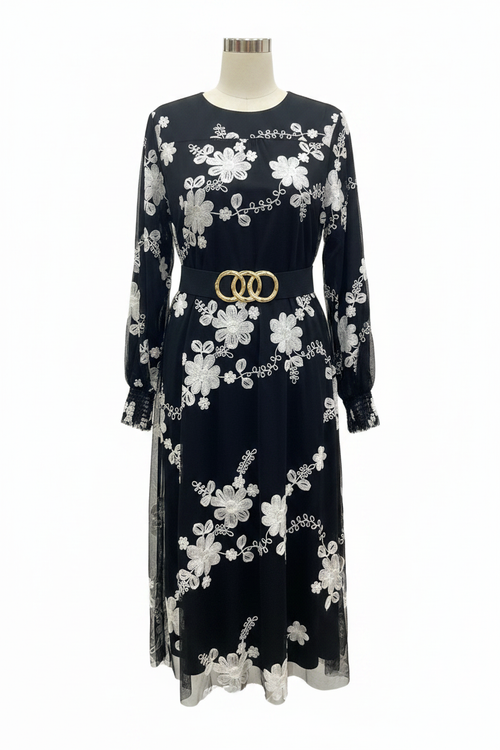 Black Floral Embroidery Dress - View 1