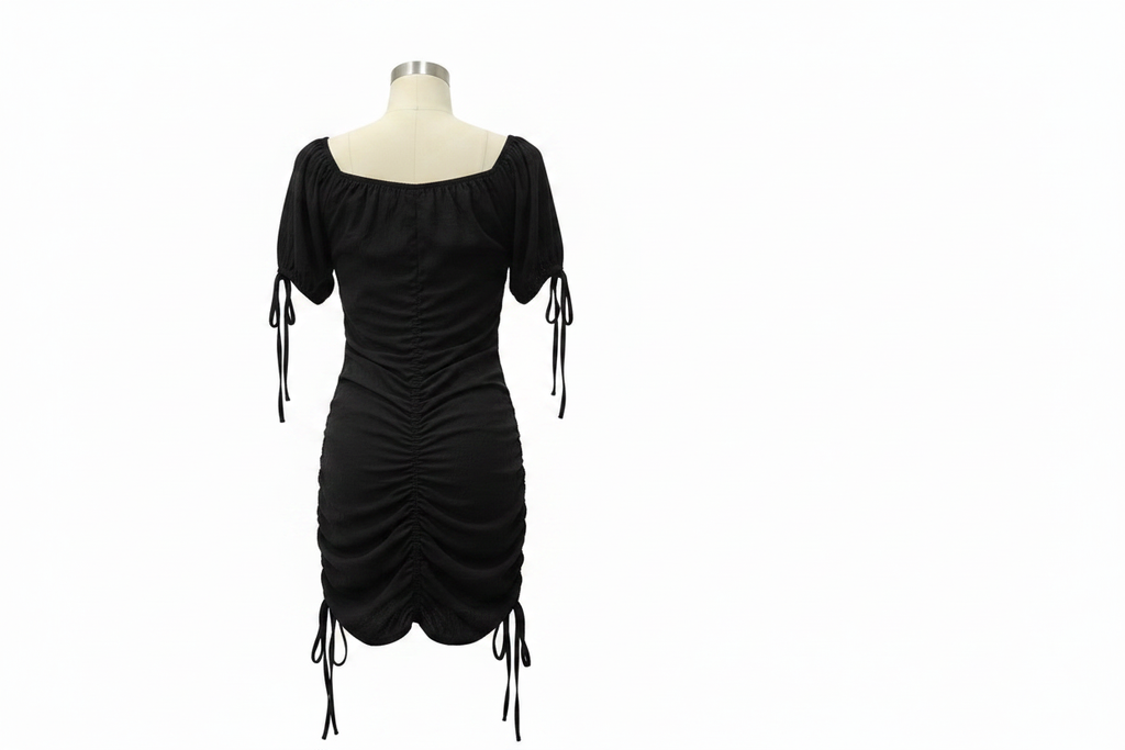 Black Ruched Mini Dress - Back View