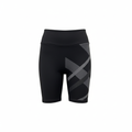 Black X-pattern bike shorts ghost mannequin