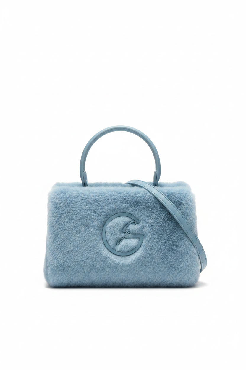 Blue Fluffy Bag Front White BG