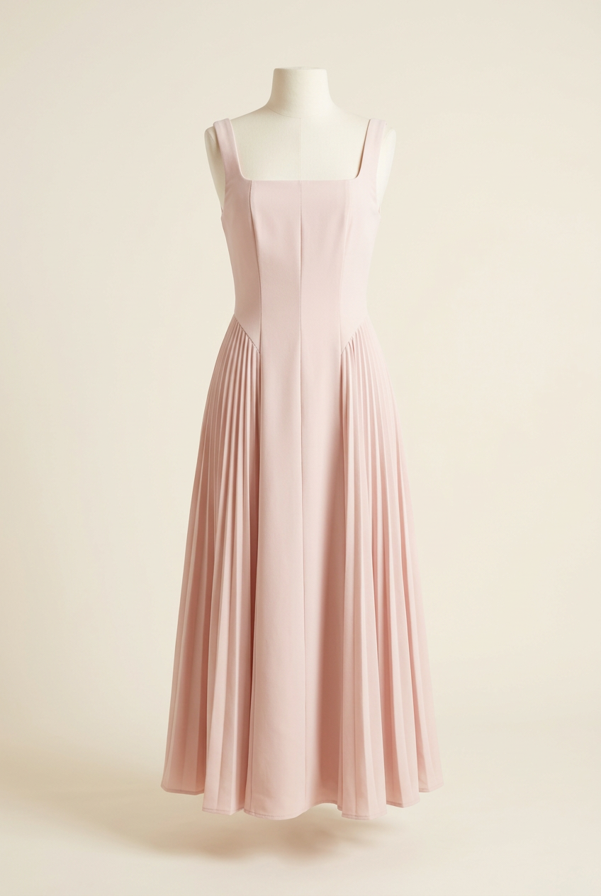 Blush pink dress with a clean ivory studio background