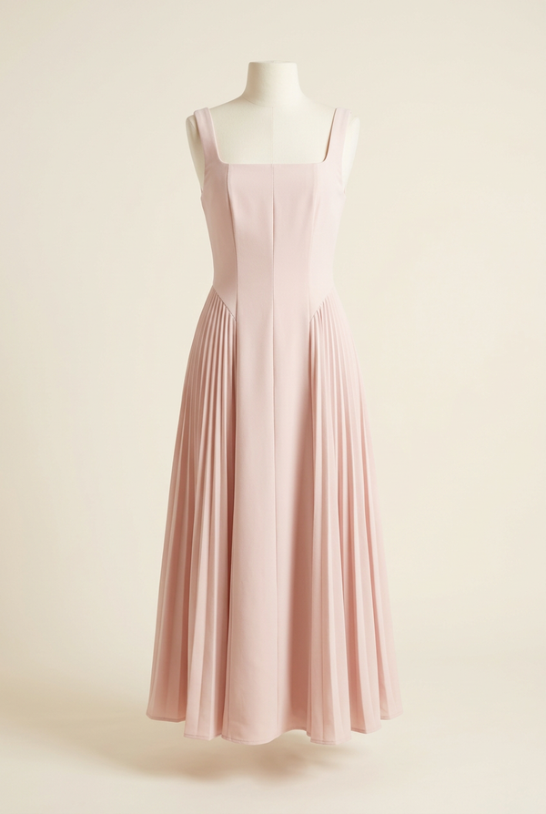Blush pink dress with a clean ivory studio background