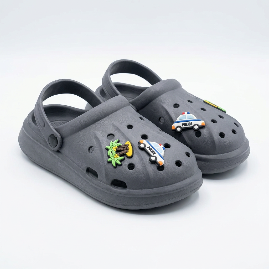 Clogs Kids' Classic Dark Grey with Police Car & Palm Tree Charms.