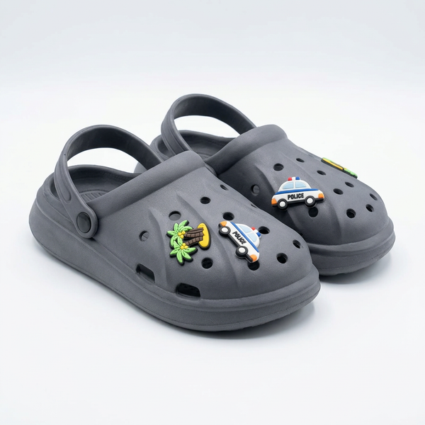 Clogs Kids' Classic Dark Grey with Police Car & Palm Tree Charms.