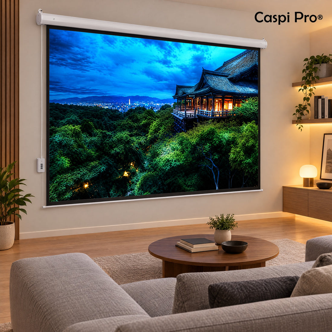 CASPI PRO projector screen mounted in a living room