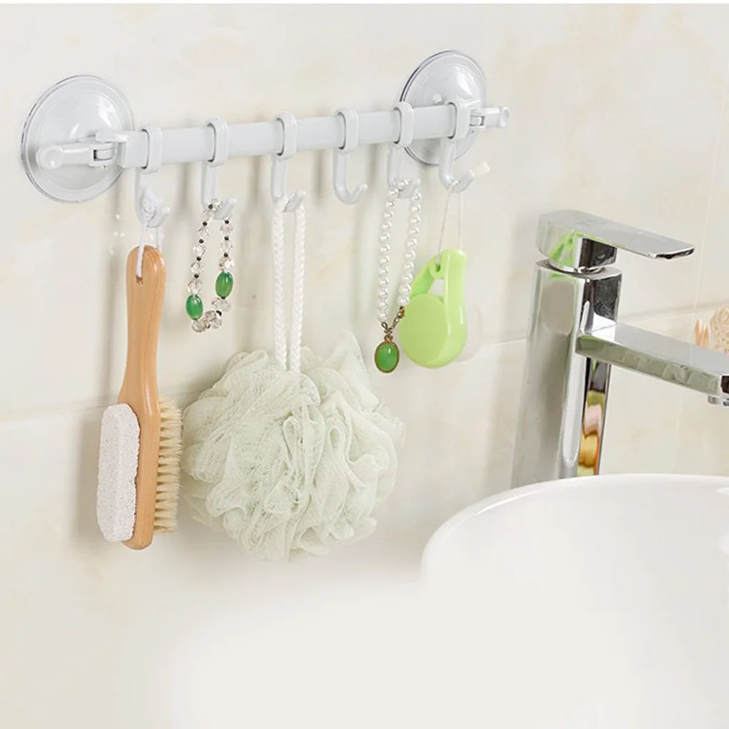 Home Bathroom Suction Cup Towel Bar Removeable Shower Rod 6 Hooks Hanger Towel Bar Suction Towel Rack