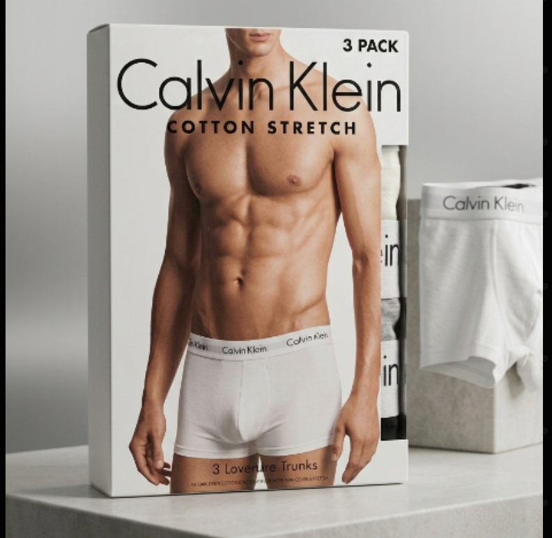 Calvin Klein 3-pack cotton stretch underwear box on a gray background