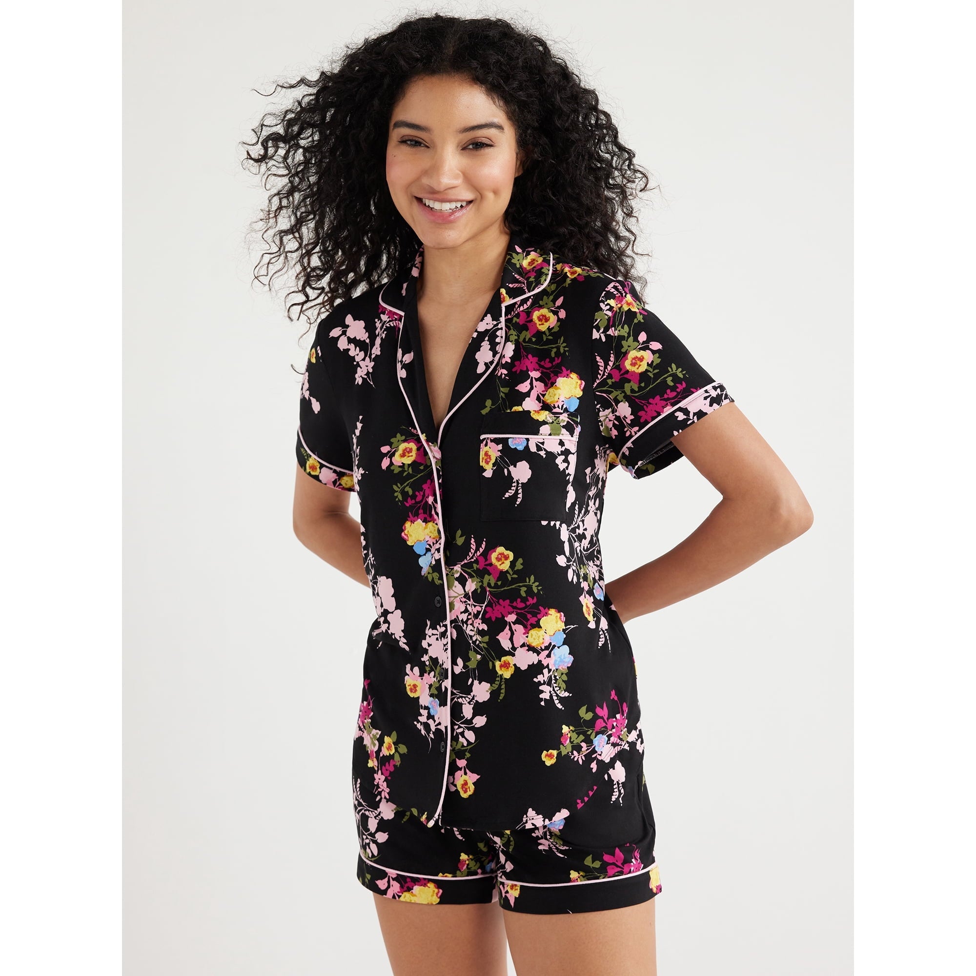 SIZE: L(12-14) - Joyspun Women's Knit Notch Collar Top and Shorts Pajama Set, 2-Piece