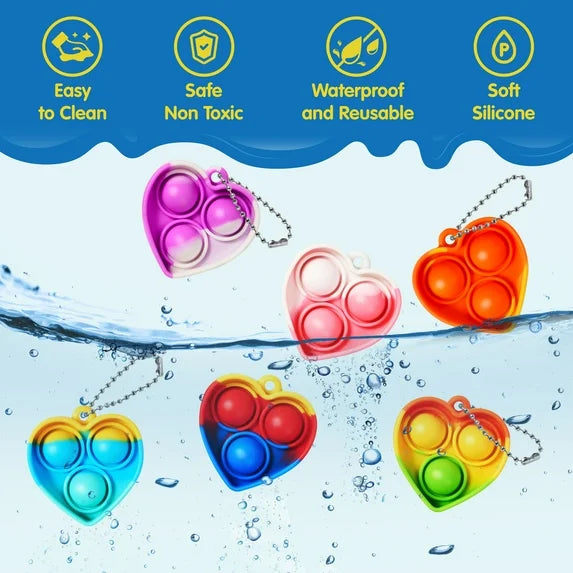 32 Pack Valentine’s Day Pop Fidget Keychain Toys – Mini Heart-Shaped Fidget Party Favors with Valentine Cards & Goodie Bags for Kids, Classroom Exchange, Boys & Girls