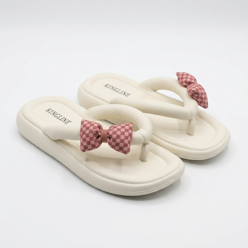 KINGLINE Off-White Platform Flip-Flops with Plaid Bow for Women