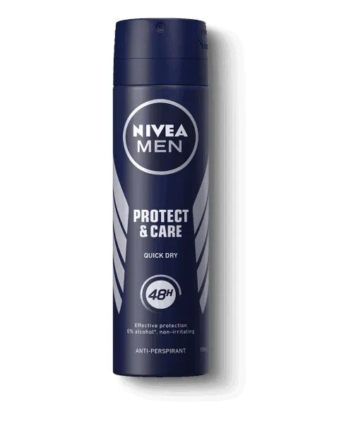 Nivea Men Protect & Care Deodorant spray bottle (150ml) with blue and white design. Focus on the product label highlighting 48h protection and care features.