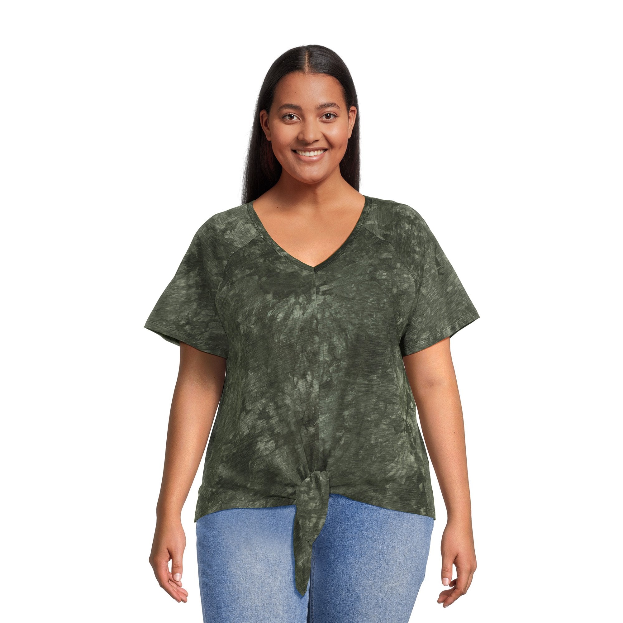 SIZE: 14T - Terra & Sky Women's Plus Size Raglan Sleeve Tie Front Tee, 2-Pack