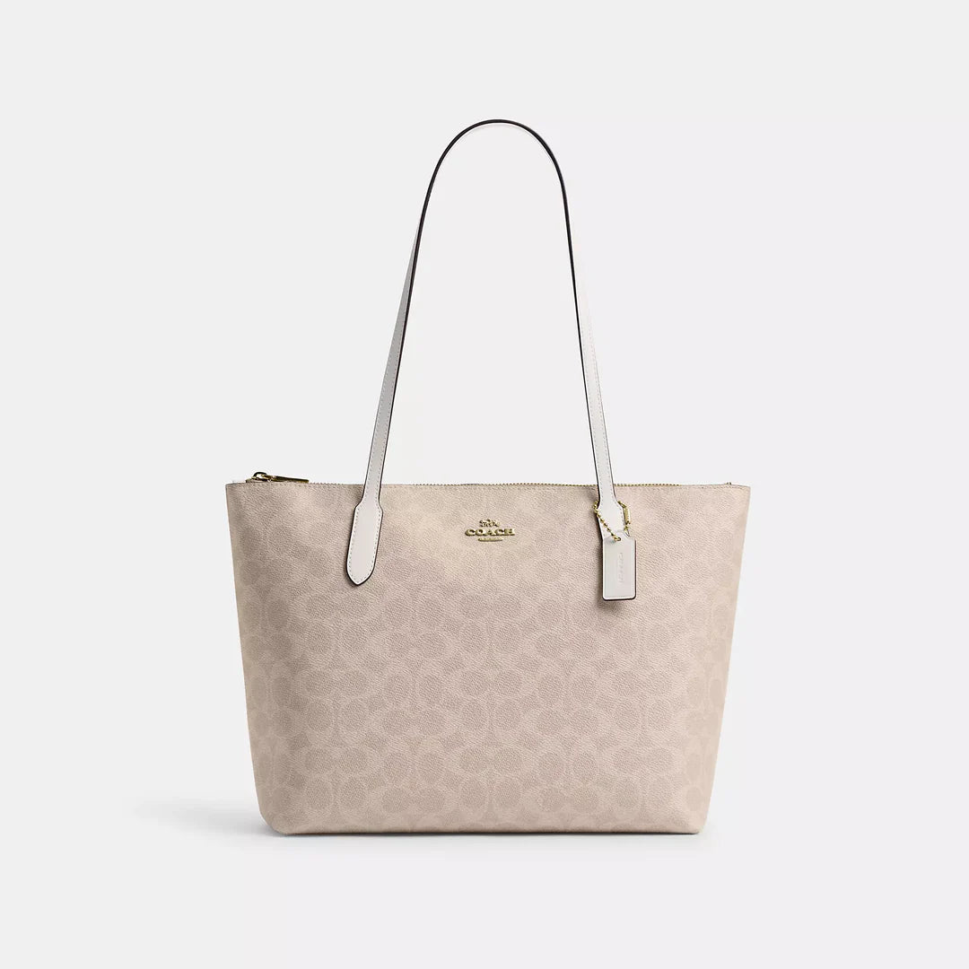 Coach Signature Canvas Coach Cloth Bag Zip Top Tote In Signature